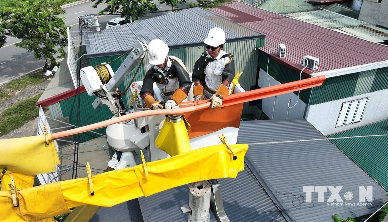 Khắc phục sự cố điện bằng công nghệ sửa chữa điện nóng (hotline) trên đường dây 110kV, xã Hạ Bằng. (Ảnh: Vũ Sinh/TTXVN)